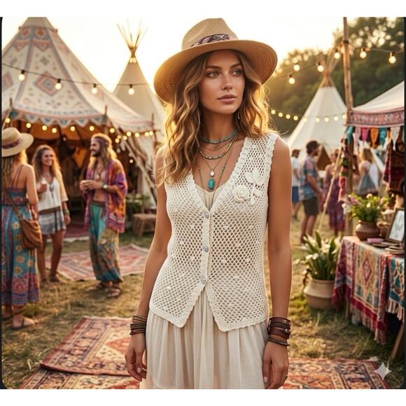 Hand Crafted Jackets & Blazers - VTG Crochet Knit Vest Boho Festival Cottagecore Handcrafted Style‎ Top Cream S